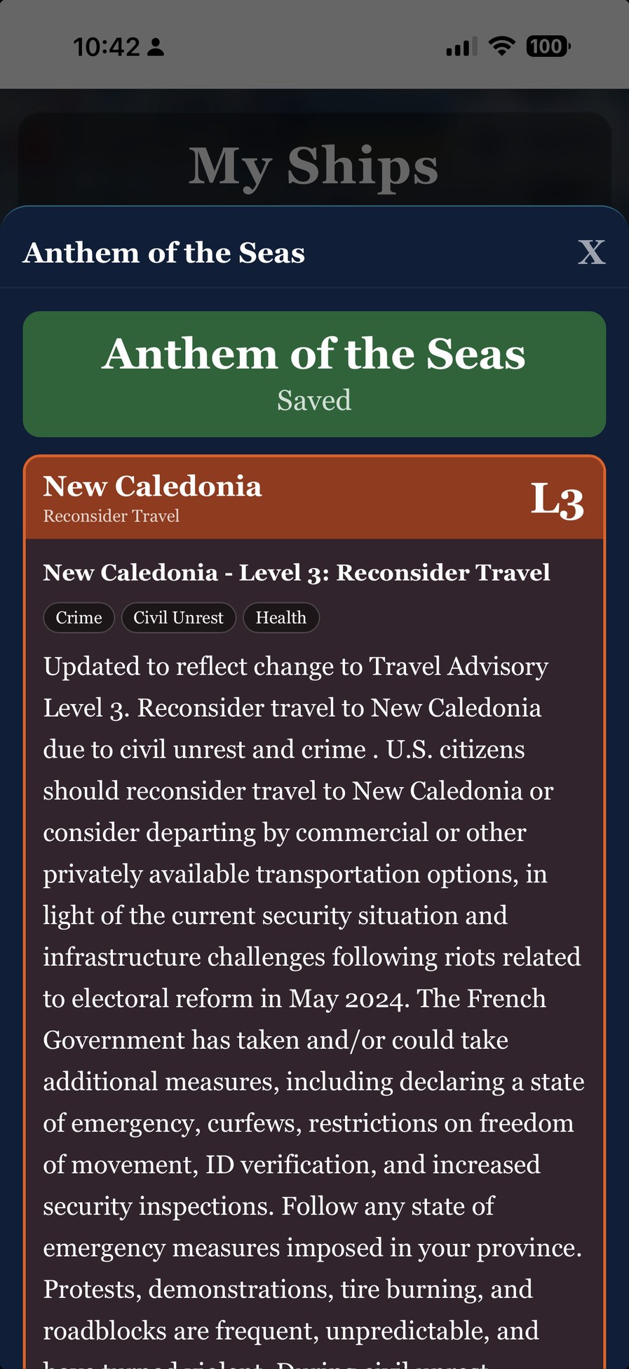 Cruise Ship Watch — Travel advisory detail