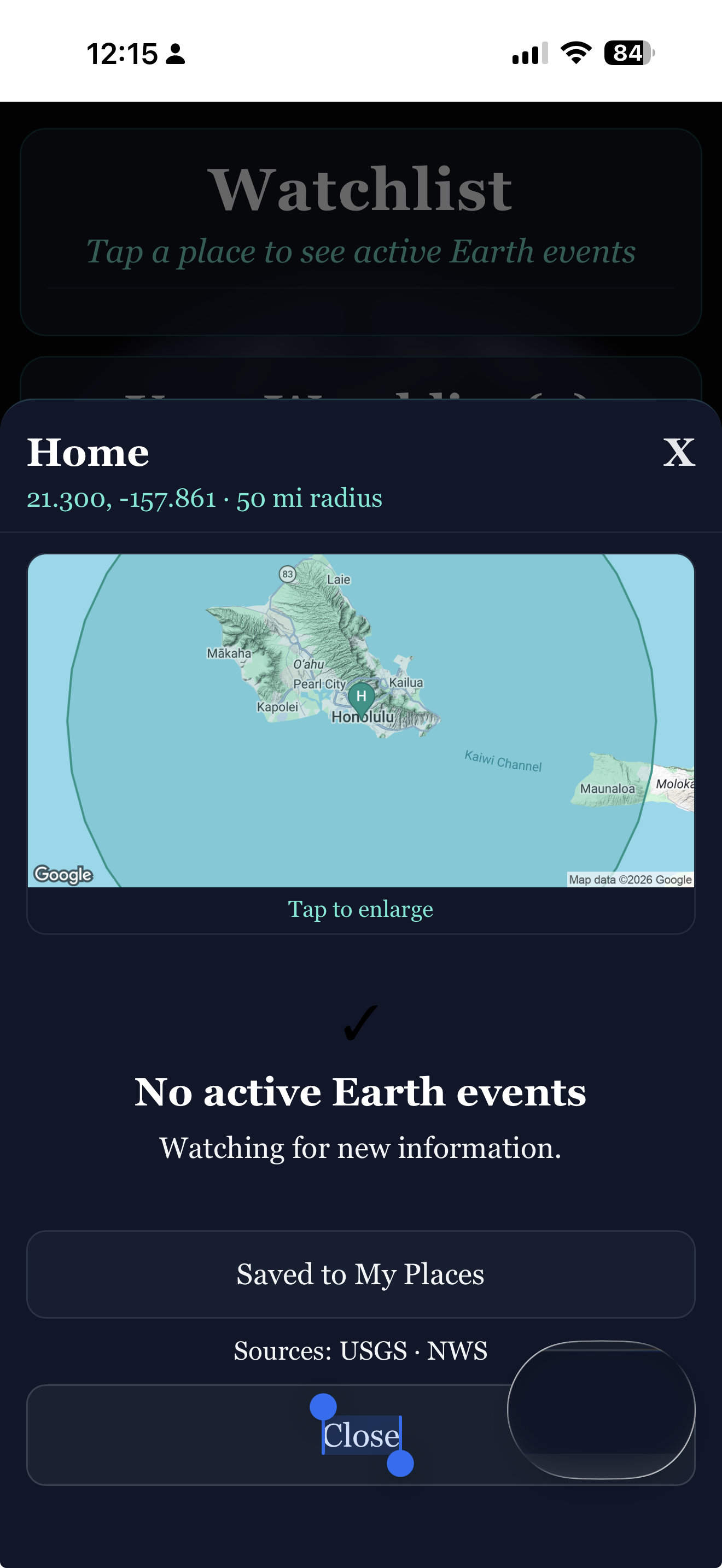 Earth Watch — Place detail with map