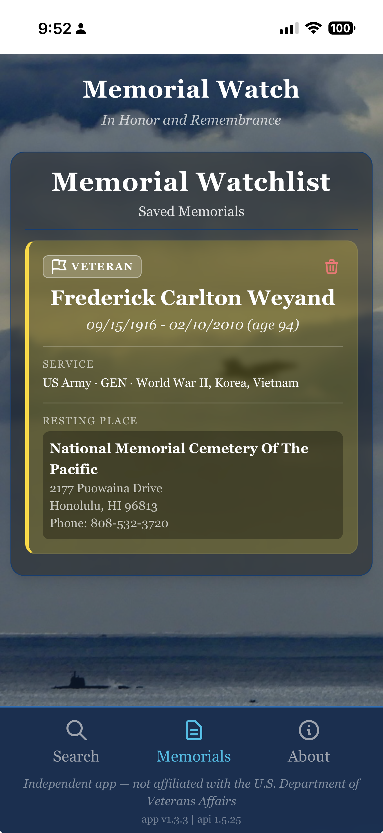 Memorial Watch — Cemetery and service detail