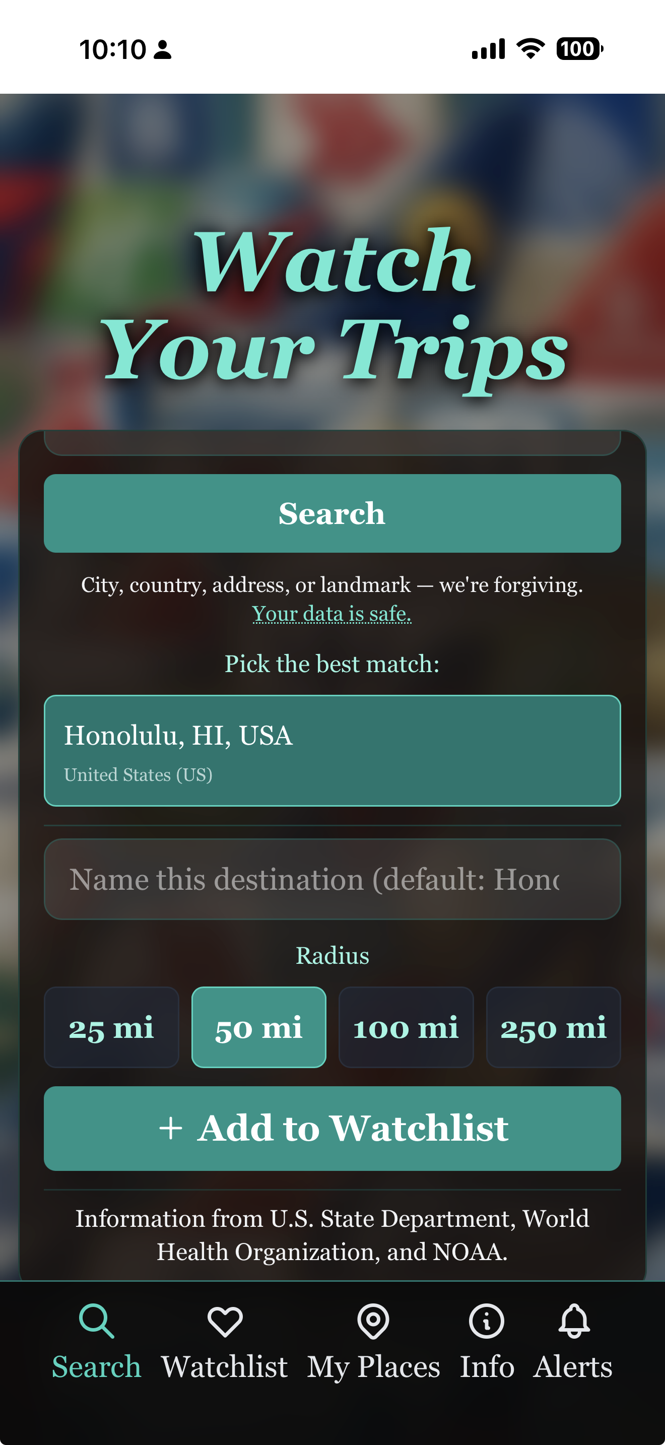 Travel Watch — Search radius